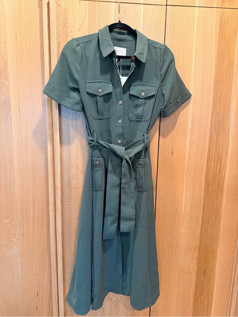 Sezane Raquel Utility Midi Shirt Dress with Tie Belt - kaki